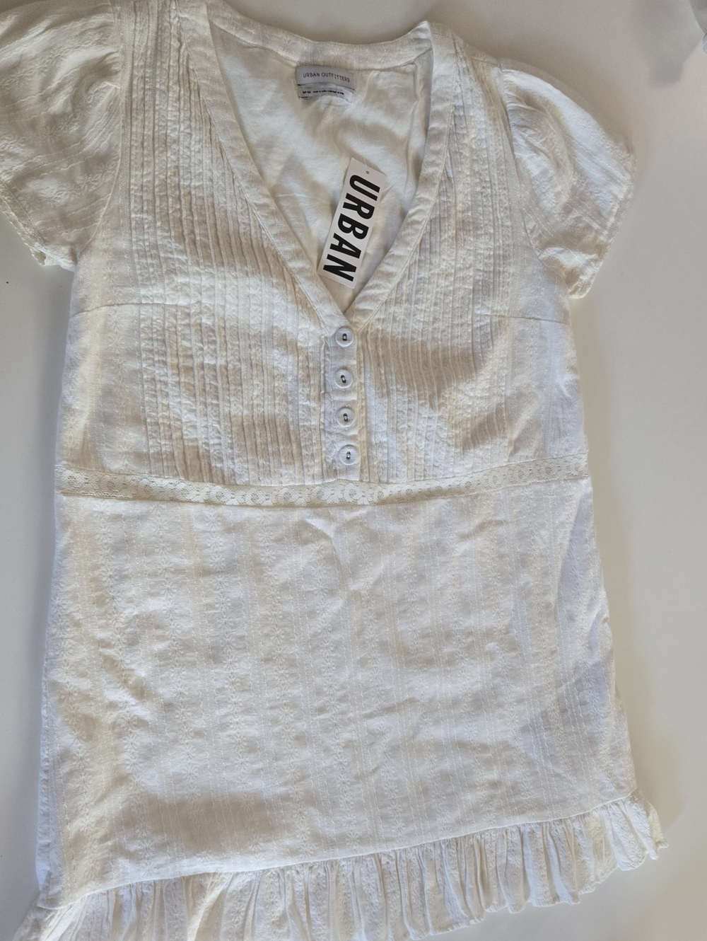 Urban Outfitters White V-Neck Mini Babydoll Dress Pintuck Lace And Ruffled Hem